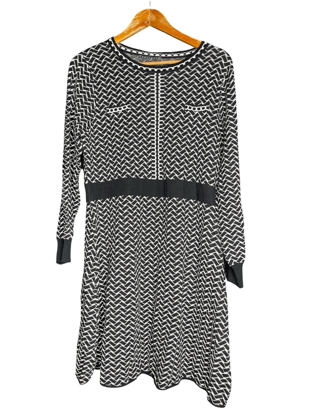 Sharagano Black & White Long Sleeve Geometric Knit Fit-and-Flare Dress XL